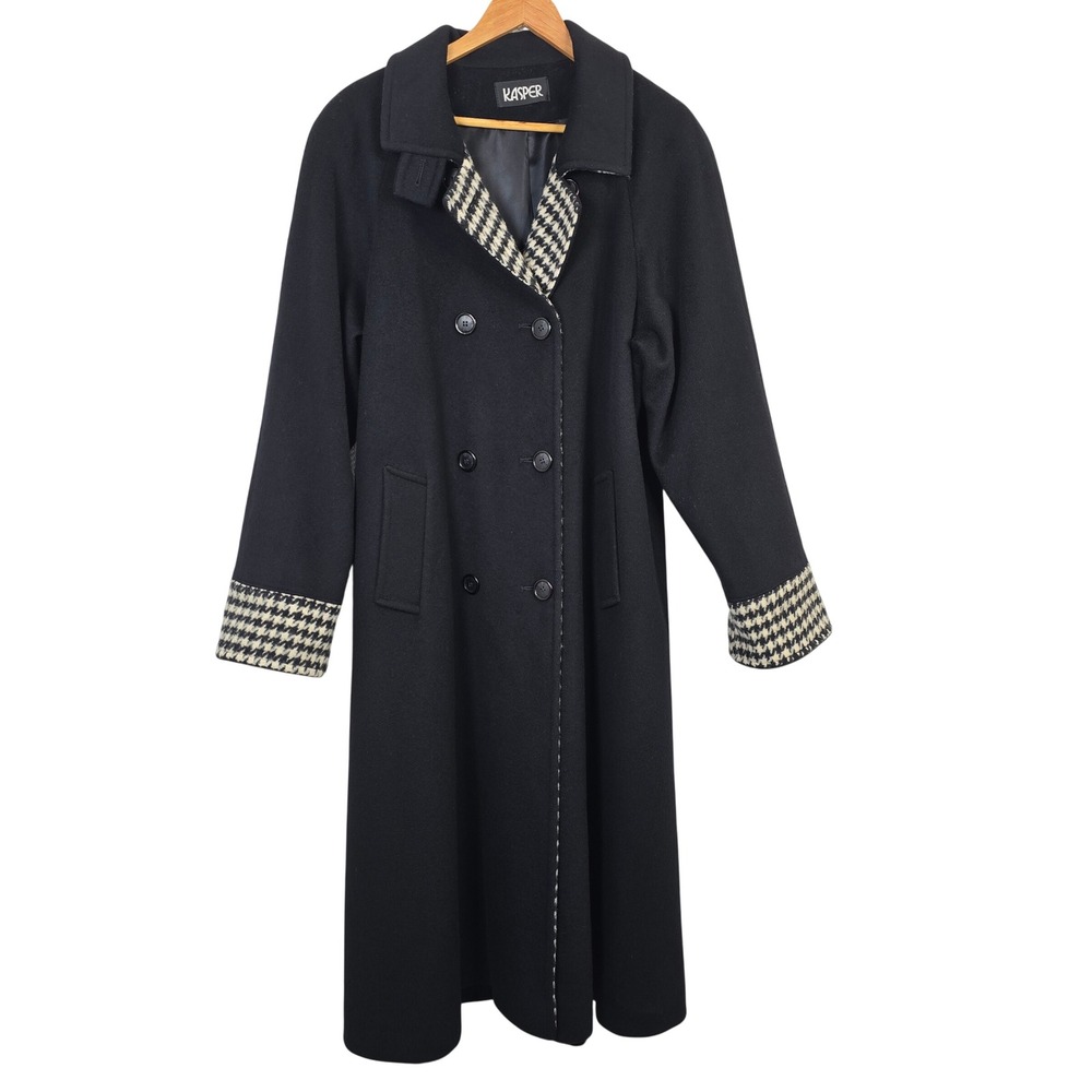 Kasper Vintage Black 100% Pure Wool Long Double Breasted Houndstooth Trim Coat